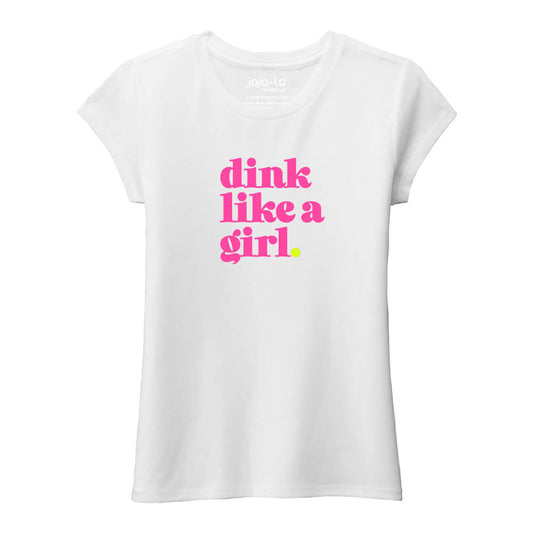 jojo + lo Glitter Flake Dink Like a Girl Little Girl Crew Tee | Pickleball Sports Everyday