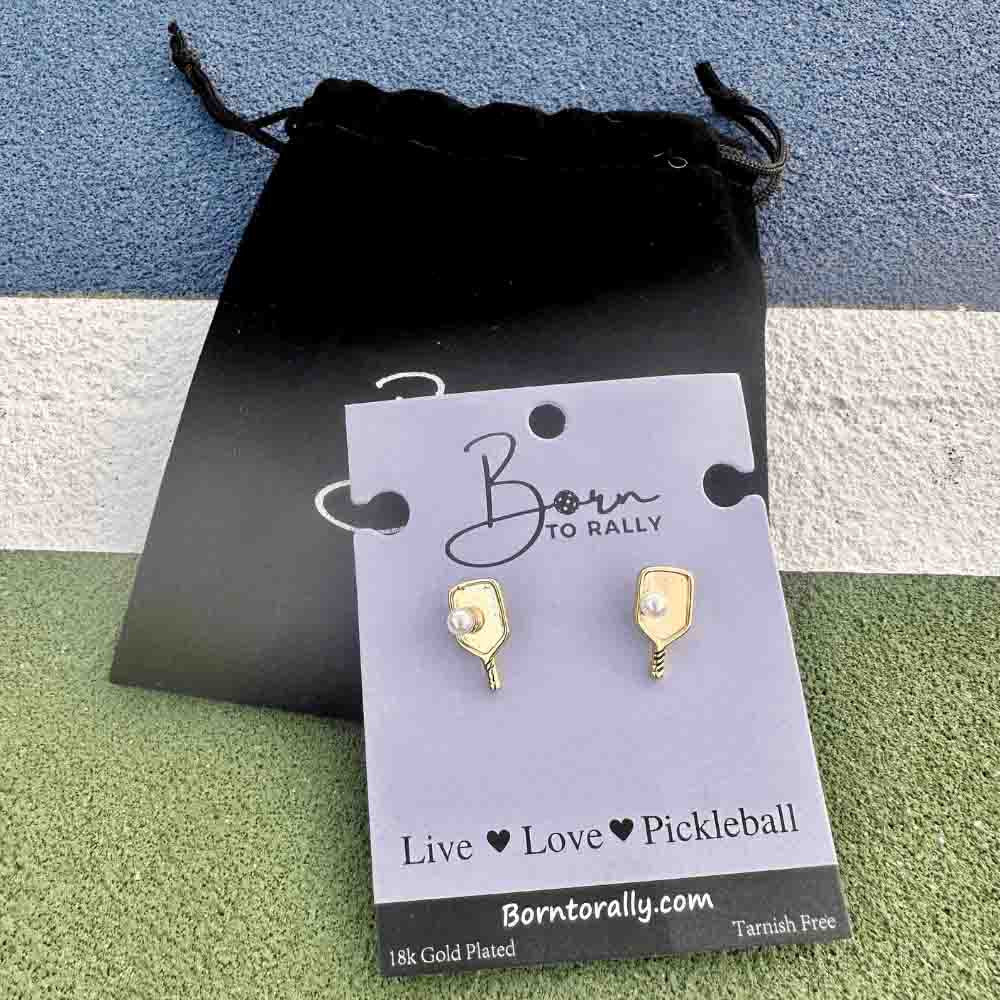 Born to Rally Pickleball Pearl Stud Earrings | Pickleball Sports Classic